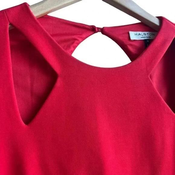 HALSTON HERITAGE | Ponte Knit Dress | Long Sleeve Cutout Keyhole Sheath Red | M - Picture 8 of 10